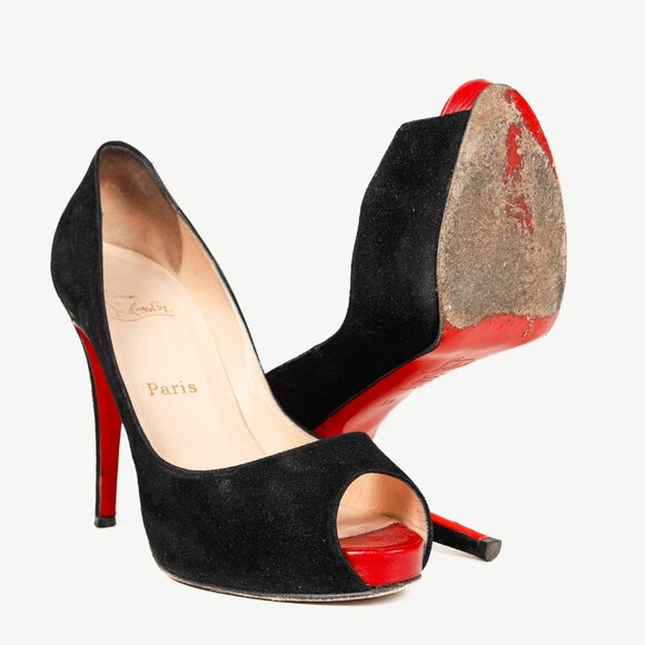 Christian Louboutin Very Prive 110 Black Veau Velours Peep-Toe Pumps - Picture 4 of 9